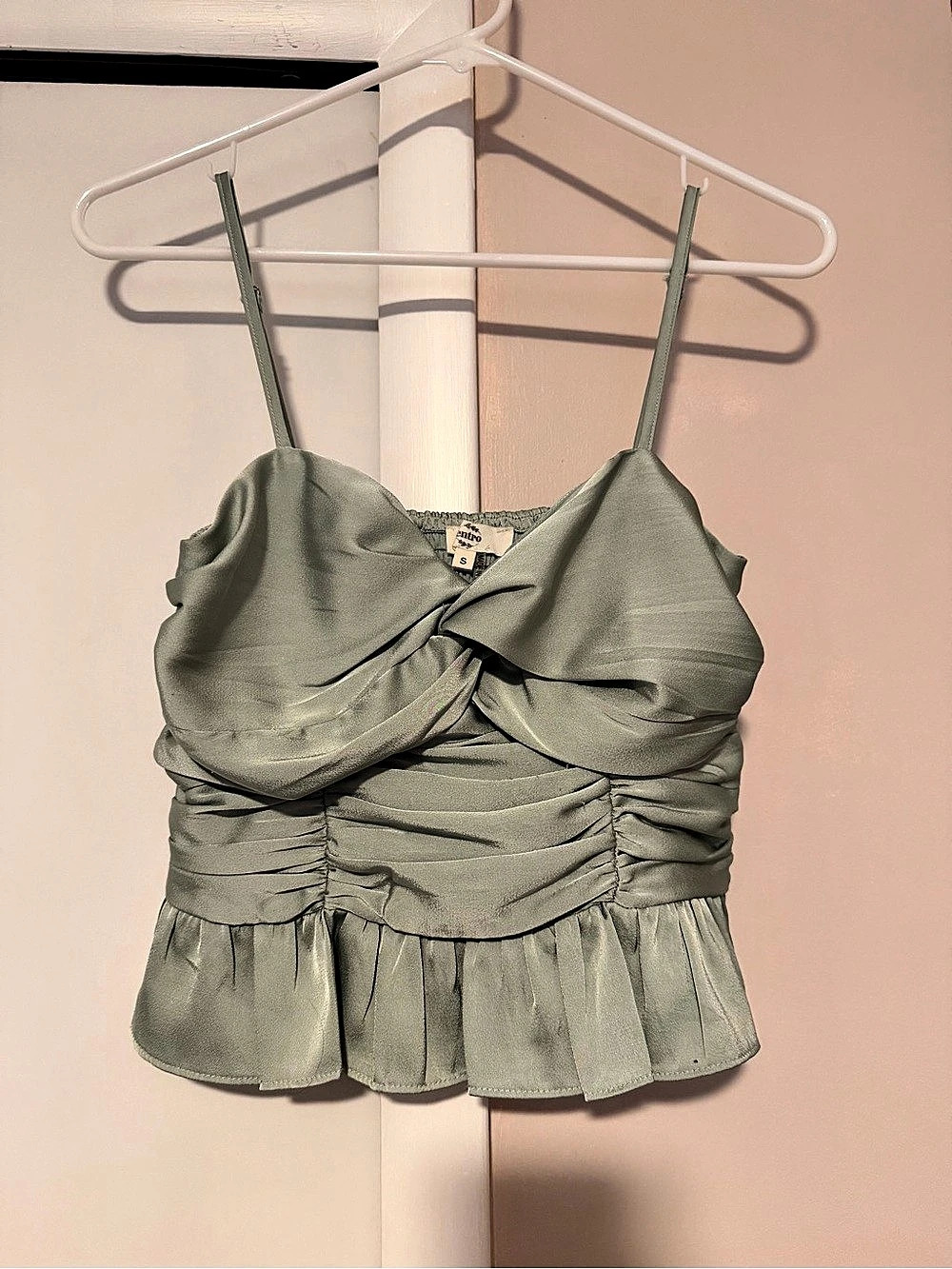 Entro Sage Green Ruched Peplum Crop Top